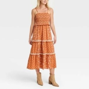 Universal Thread Sleeveless Boho Prairie Tiered Smocked Floral Midi Dress Large